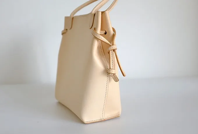 Handmade Leather Beige Womens Handbag Bucket Purse Barrel Bag for Women