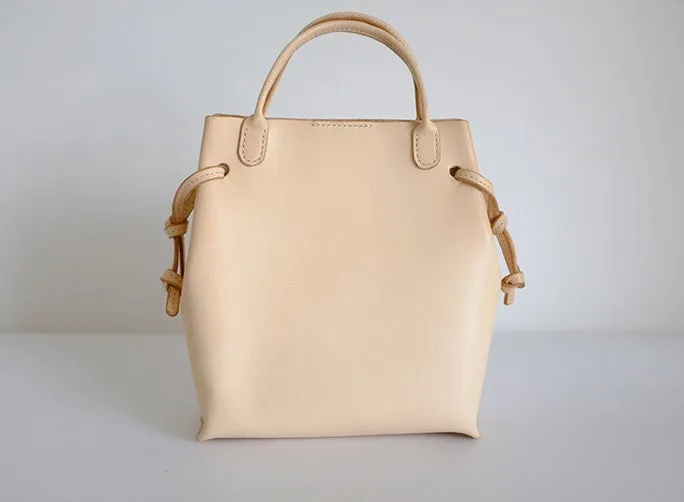 Handmade Leather Beige Womens Handbag Bucket Purse Barrel Bag for Women