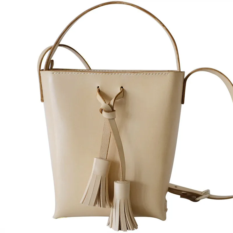 Handmade Leather Beige Womens Handbag Bucket Purse Barrel Shoulder Bags for Women
