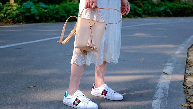 Handmade Leather Beige Womens Handbag Bucket Purse Barrel Shoulder Bags for Women