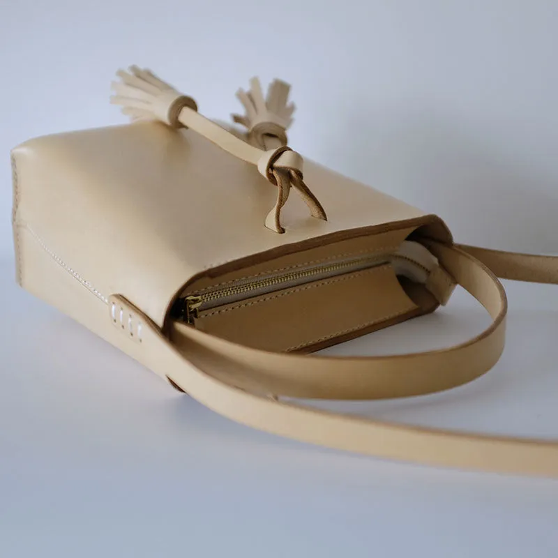 Handmade Leather Beige Womens Handbag Bucket Purse Barrel Shoulder Bags for Women