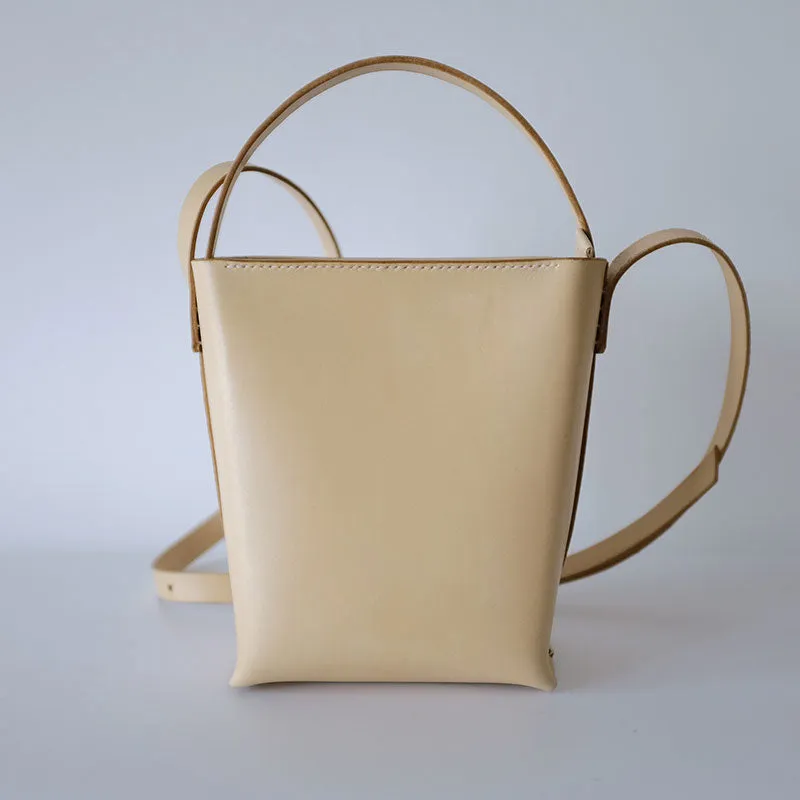 Handmade Leather Beige Womens Handbag Bucket Purse Barrel Shoulder Bags for Women
