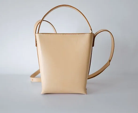 Handmade Leather Beige Womens Handbag Bucket Purse Barrel Shoulder Bags for Women