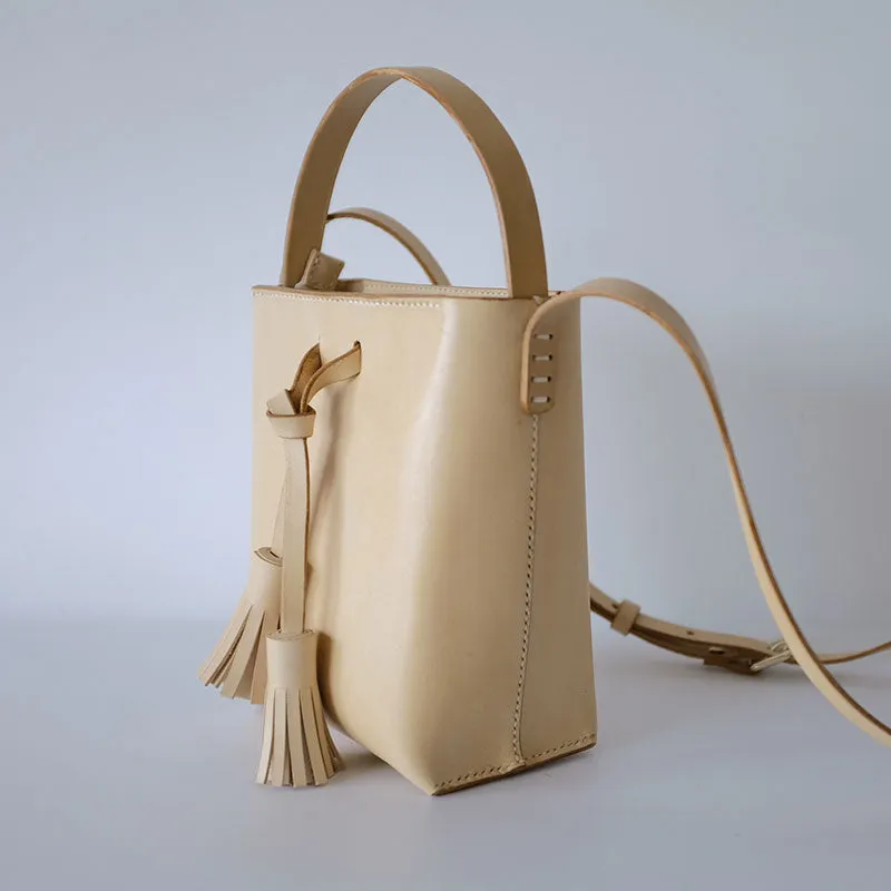 Handmade Leather Beige Womens Handbag Bucket Purse Barrel Shoulder Bags for Women