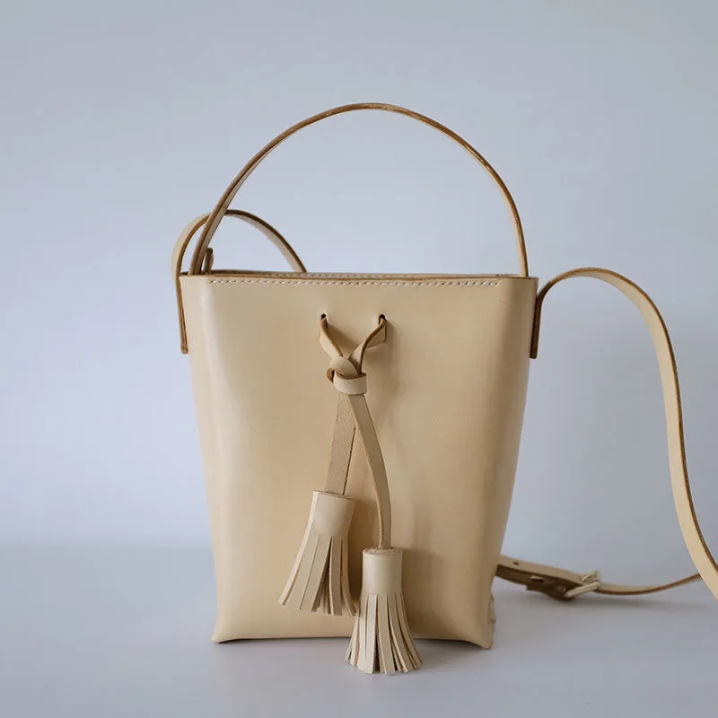 Handmade Leather Beige Womens Handbag Bucket Purse Barrel Shoulder Bags for Women