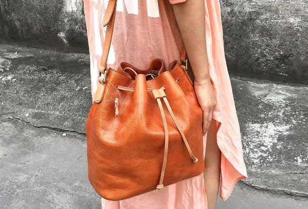 Handmade leather bucket purse crossbody bag purse shoulder bag for women