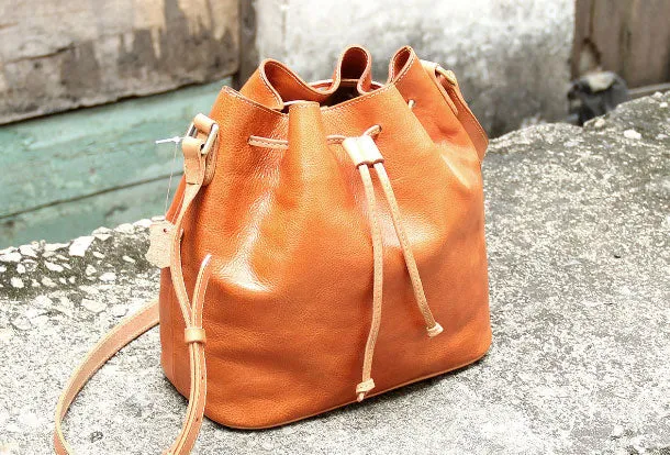 Handmade leather bucket purse crossbody bag purse shoulder bag for women