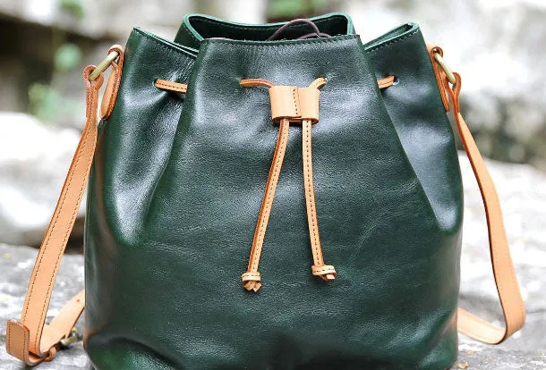 Handmade leather bucket purse crossbody bag purse shoulder bag for women