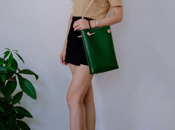 Handmade Leather Long Strap Womens Bucket Tote Purse Shoulder Tote Bag for Women