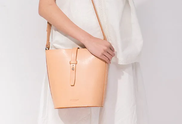 Handmade Leather shoulder bag bucket bag beige for women leather shoulder bag
