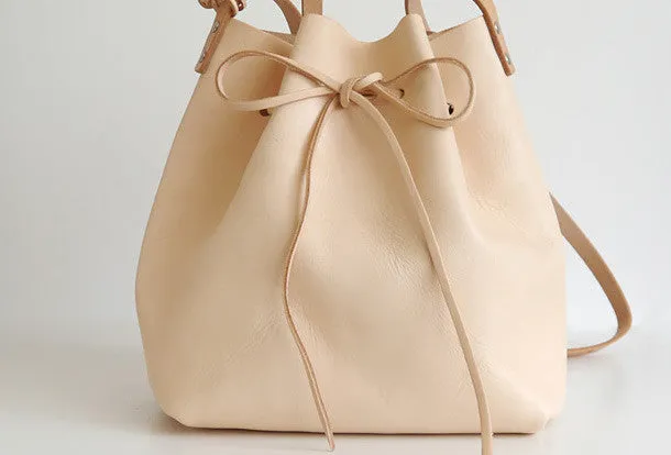 Handmade Leather shoulder bag bucket bag beige for women leather shoulder bag