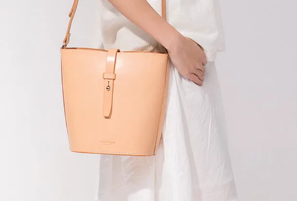 Handmade Leather shoulder bag bucket bag beige for women leather shoulder bag