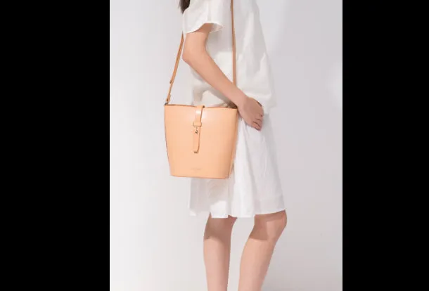 Handmade Leather shoulder bag bucket bag beige for women leather shoulder bag