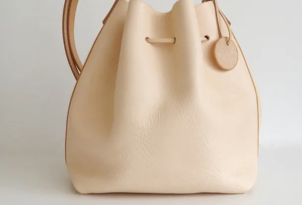 Handmade Leather shoulder bag bucket bag beige for women leather shoulder bag