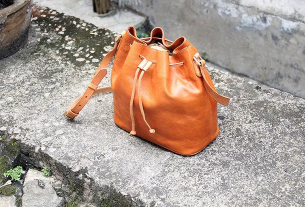 Handmade vintage bucket leather black bag orange shoulder bag crossbody for women