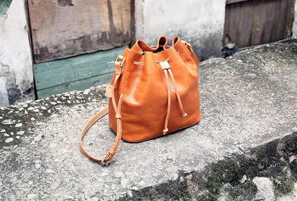 Handmade vintage bucket leather black bag orange shoulder bag crossbody for women