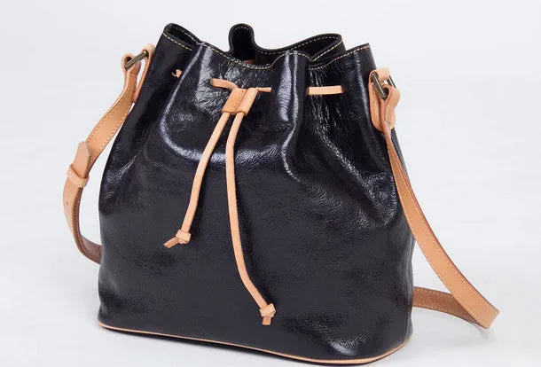 Handmade vintage bucket leather black bag orange shoulder bag crossbody for women