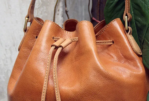 Handmade vintage bucket leather black bag orange shoulder bag crossbody for women