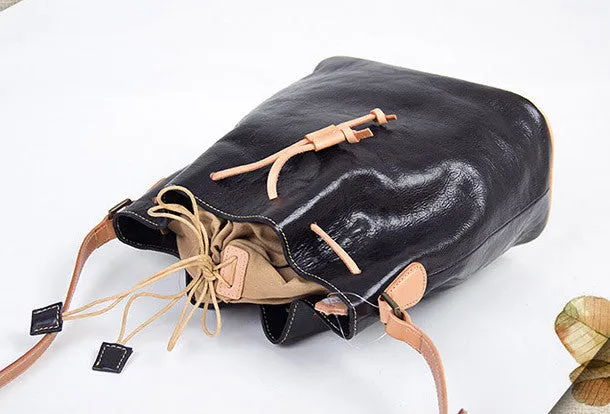 Handmade vintage bucket leather black bag orange shoulder bag crossbody for women