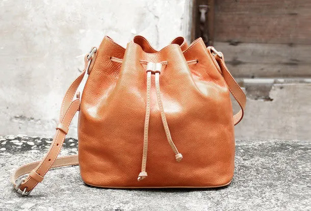 Handmade vintage bucket leather black bag orange shoulder bag crossbody for women