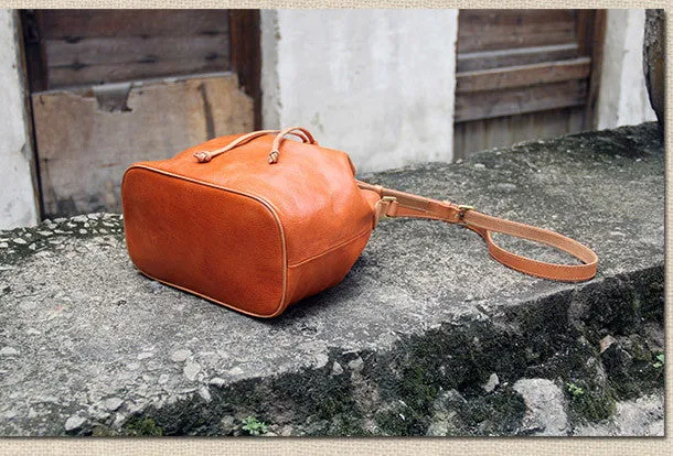 Handmade vintage bucket leather black bag orange shoulder bag crossbody for women