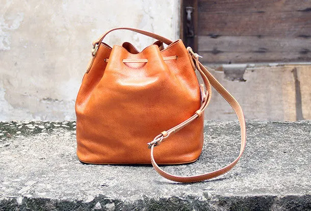 Handmade vintage bucket leather black bag orange shoulder bag crossbody for women