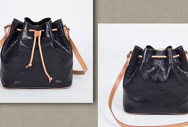 Handmade vintage bucket leather black bag orange shoulder bag crossbody for women