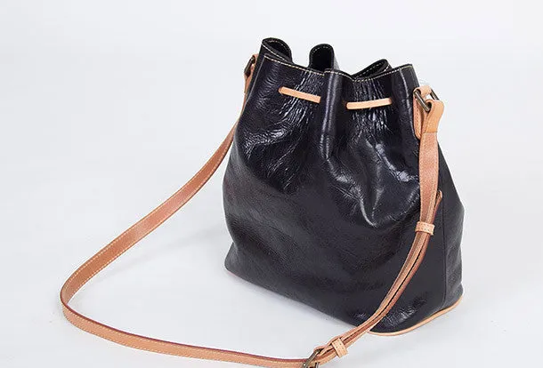 Handmade vintage bucket leather black bag orange shoulder bag crossbody for women