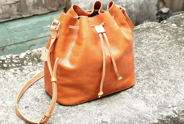 Handmade vintage bucket leather black bag orange shoulder bag crossbody for women