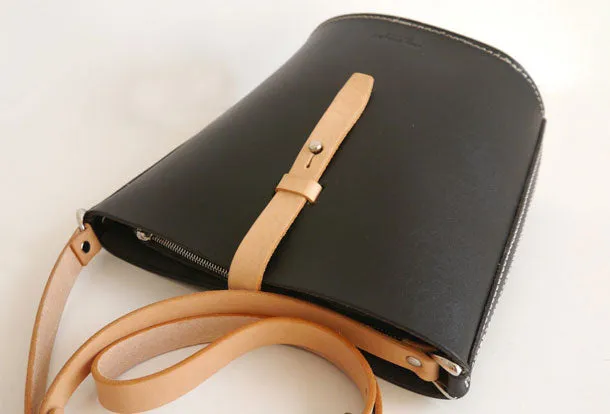 Handmade Womens Black Leather Shoulder Bucket Bag Barrel Purse for Women
