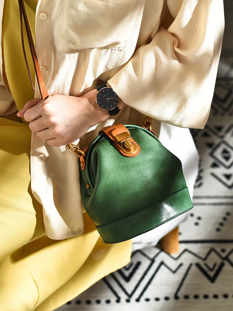 Handmade Womens Green Leather Doctor Bucket Shoulder Purses Green Doctor Crossbody Purse for Women