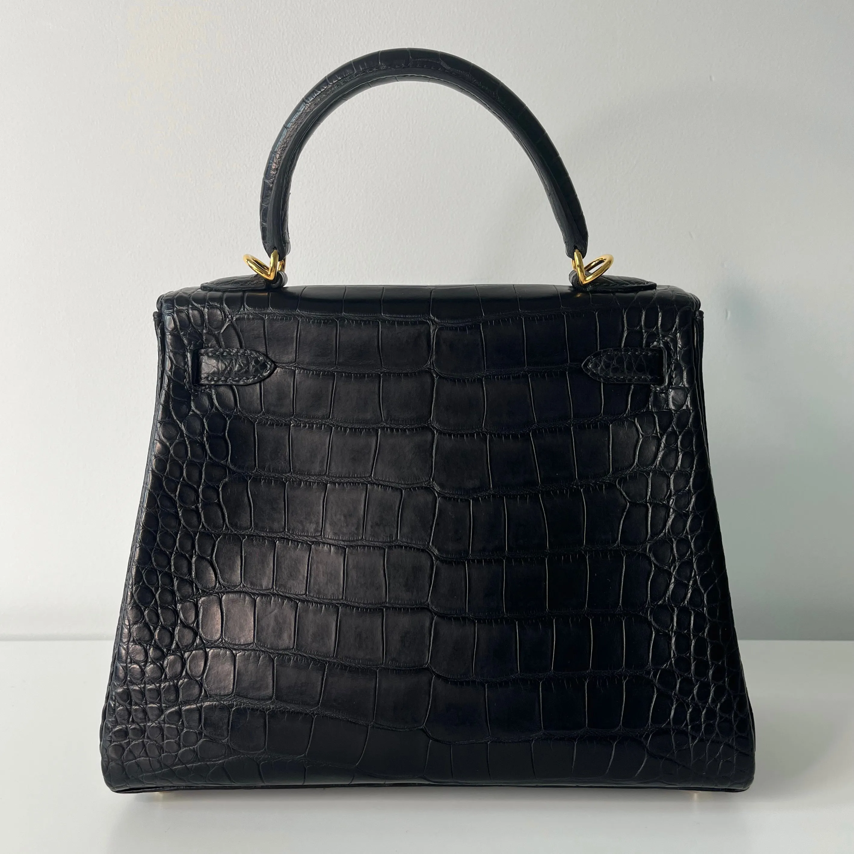Hermes Kelly 25 Black Matte Crocodile Gold Hardware