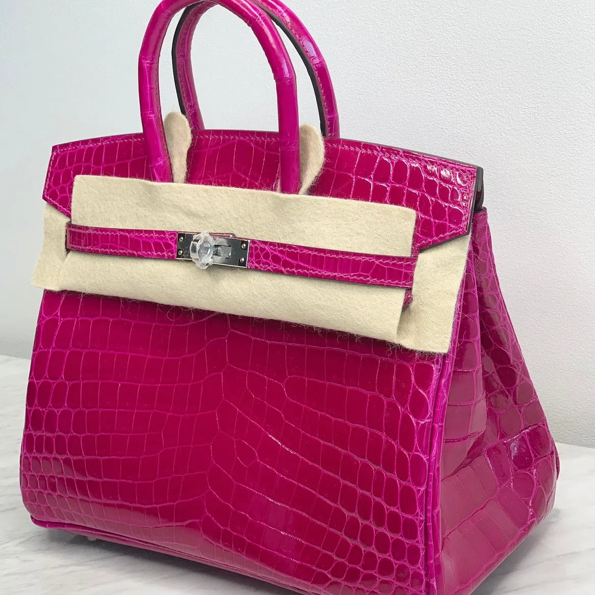 Herm??s Birkin 25 Rose Pourpre Shiny Croc Palladium Hardware