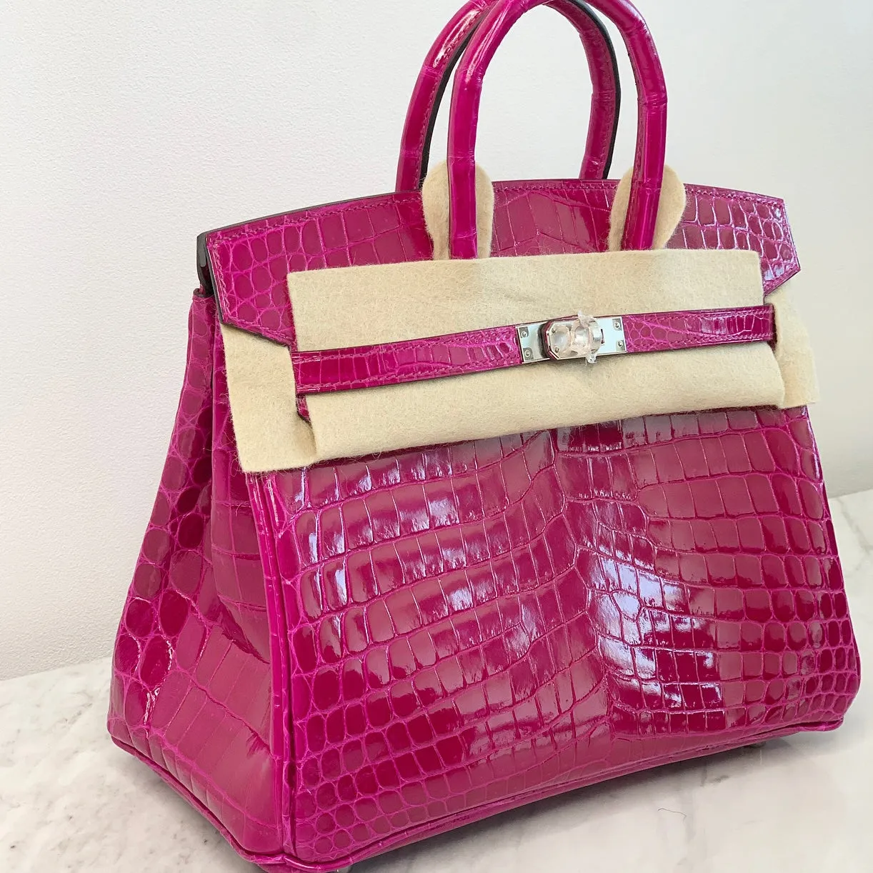 Herm??s Birkin 25 Rose Pourpre Shiny Croc Palladium Hardware