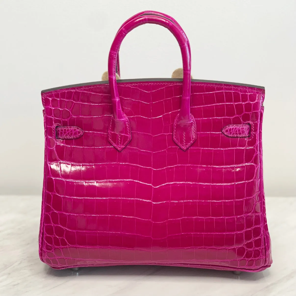 Herm??s Birkin 25 Rose Pourpre Shiny Croc Palladium Hardware