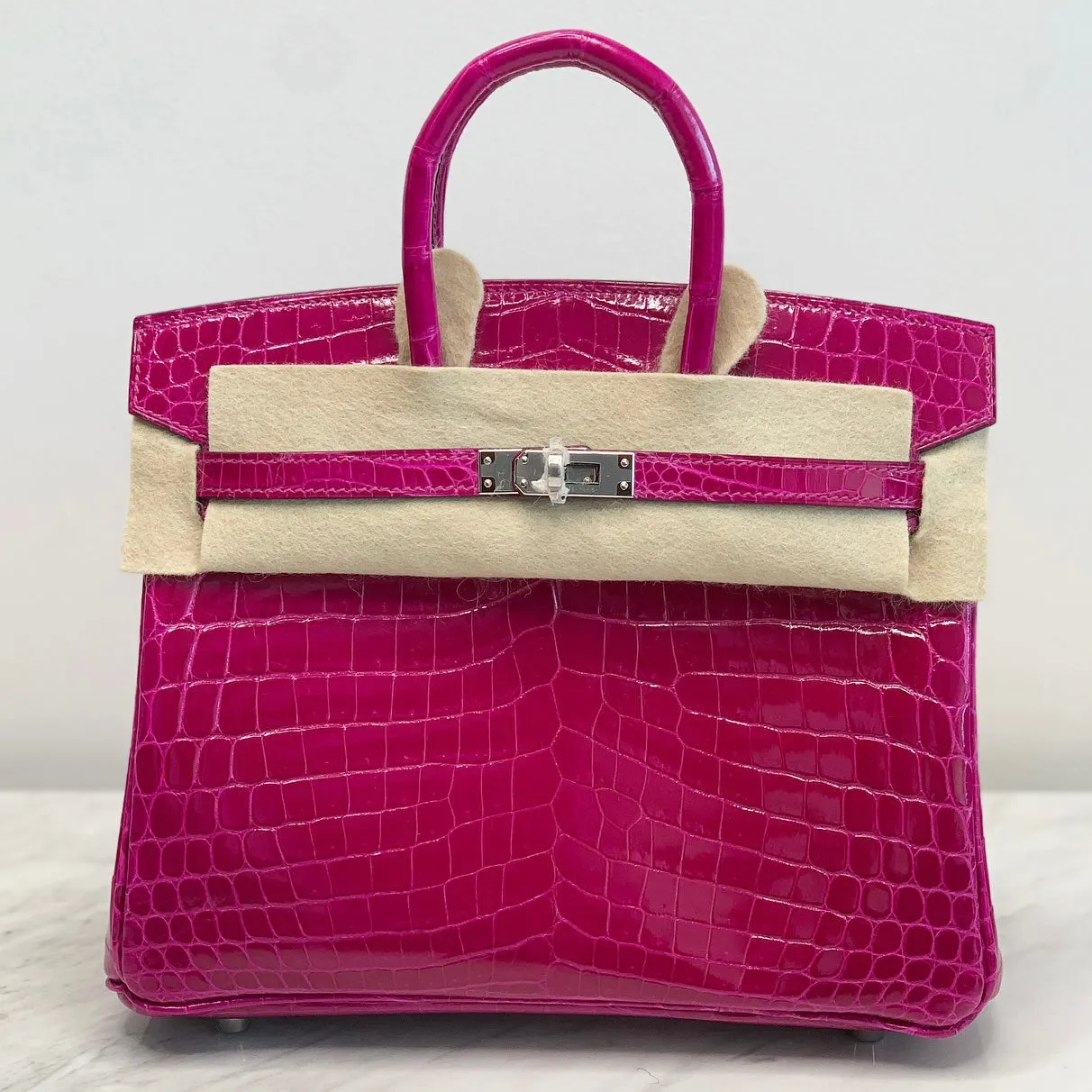 Herm??s Birkin 25 Rose Pourpre Shiny Croc Palladium Hardware