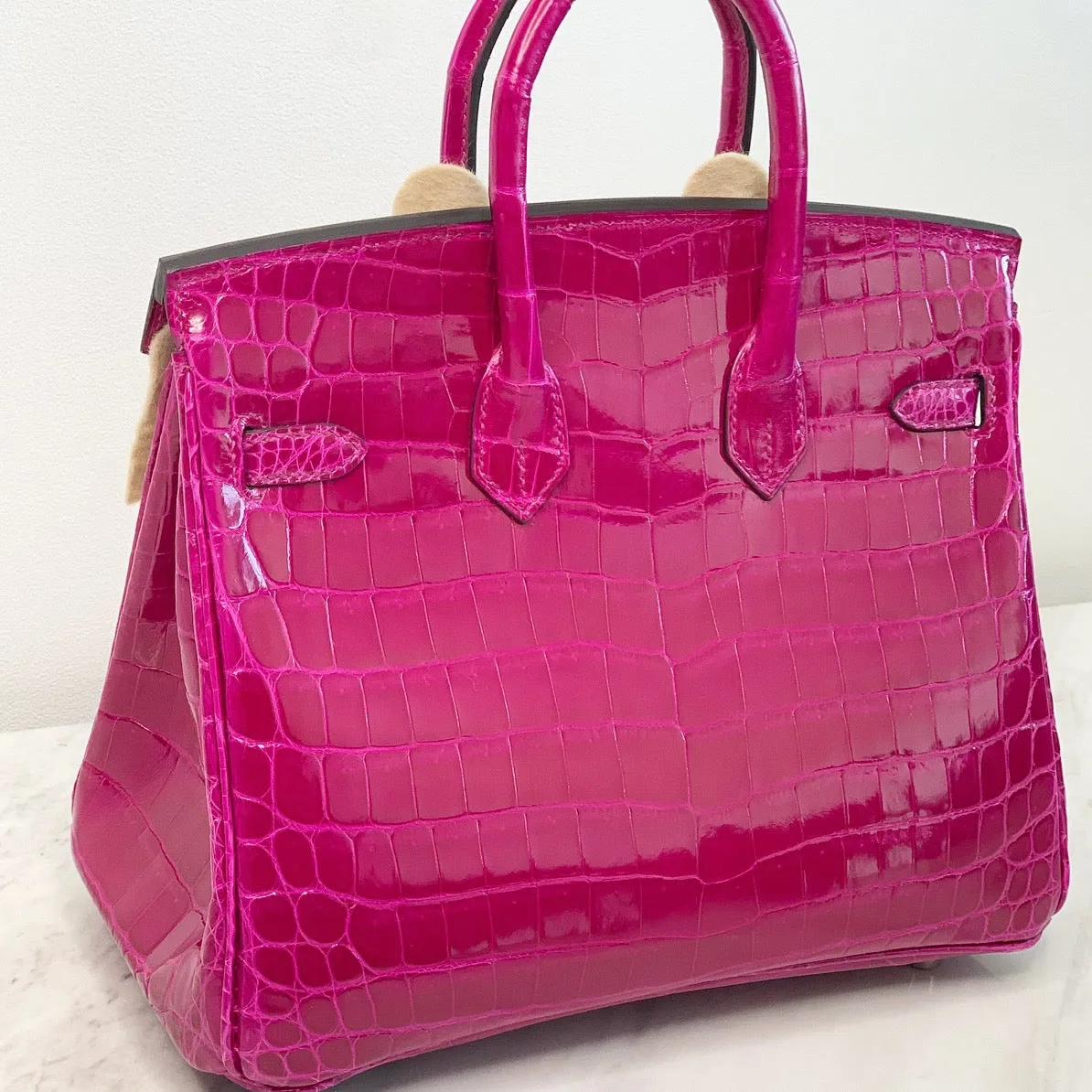 Herm??s Birkin 25 Rose Pourpre Shiny Croc Palladium Hardware