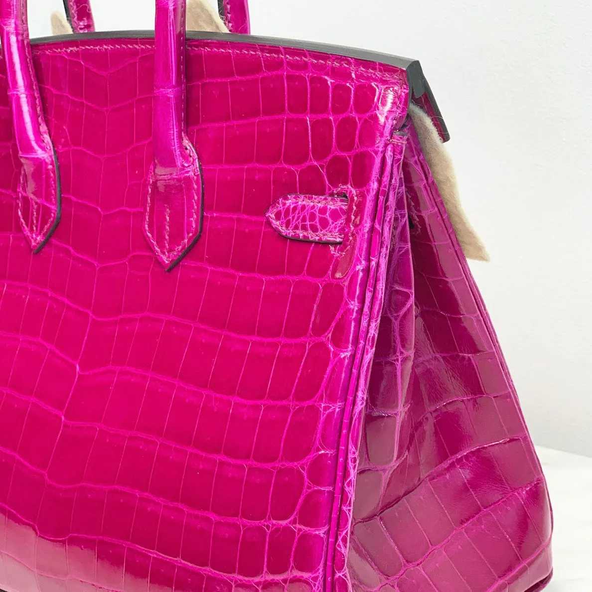 Herm??s Birkin 25 Rose Pourpre Shiny Croc Palladium Hardware