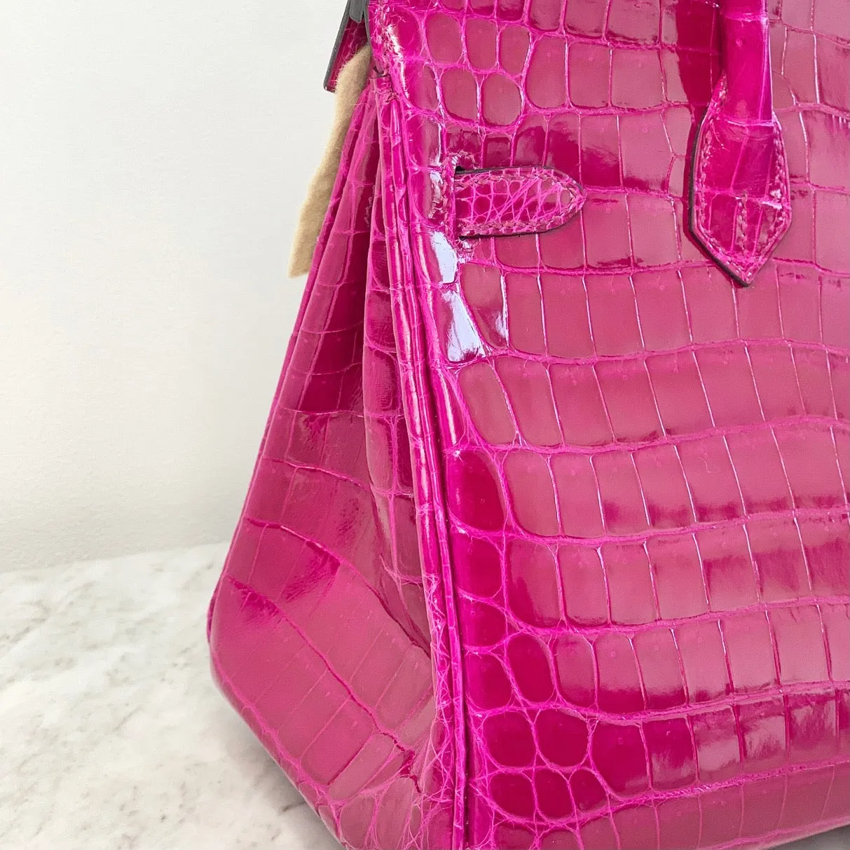 Herm??s Birkin 25 Rose Pourpre Shiny Croc Palladium Hardware