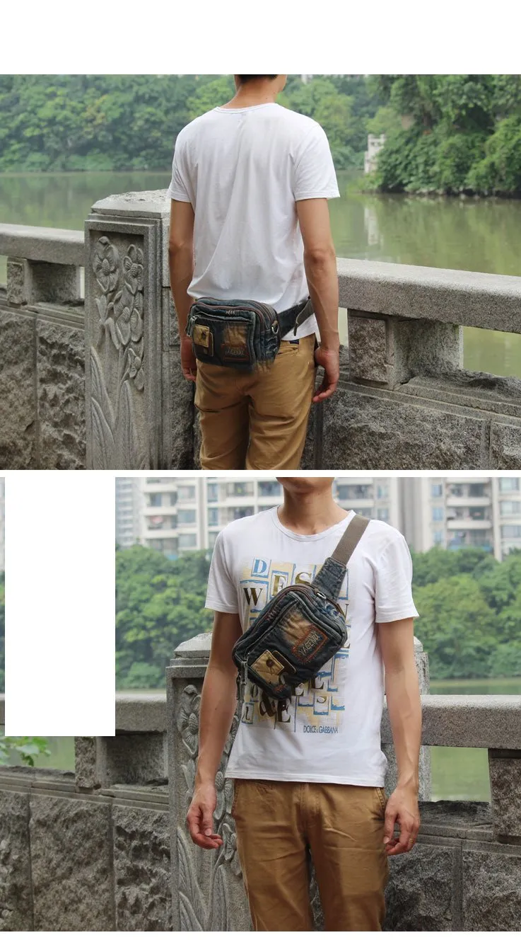 Jean Denim Blue Mens Small Fanny Pack Waist Bag Blue Hip Bag Bum Bag For Men