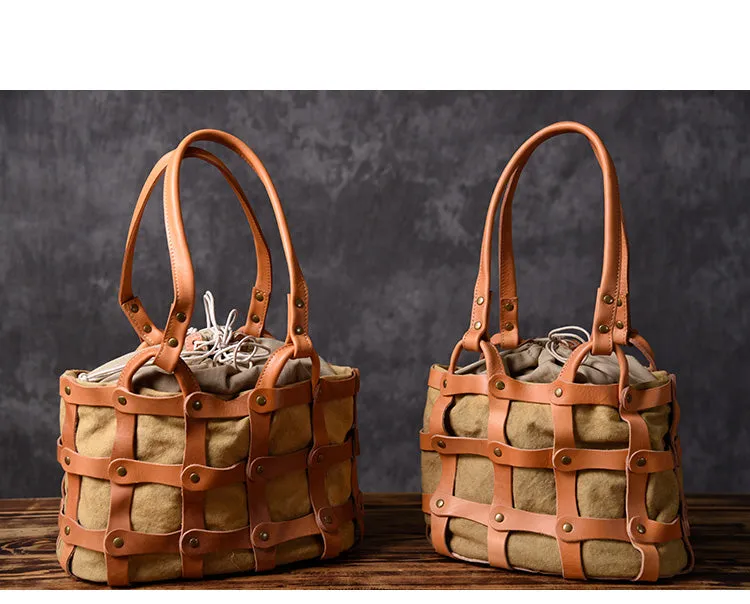 Leather Canvas Women Bucket Bag Shopper Bag Shoulder Bag For Women