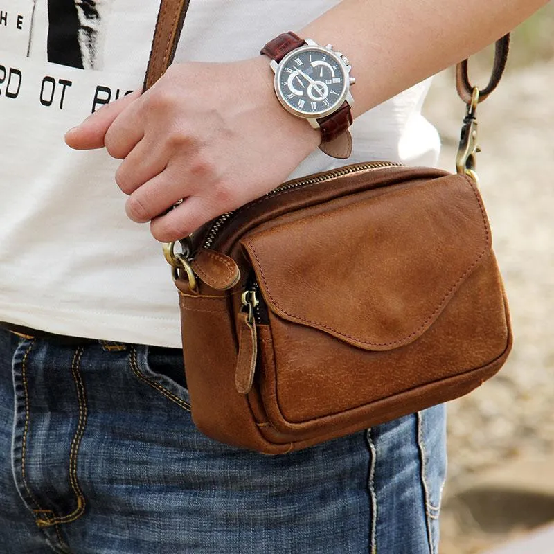 Leather Mens Belt Pouch Small Cases Waist Bags Belt Bag Shoulder Bag for Men