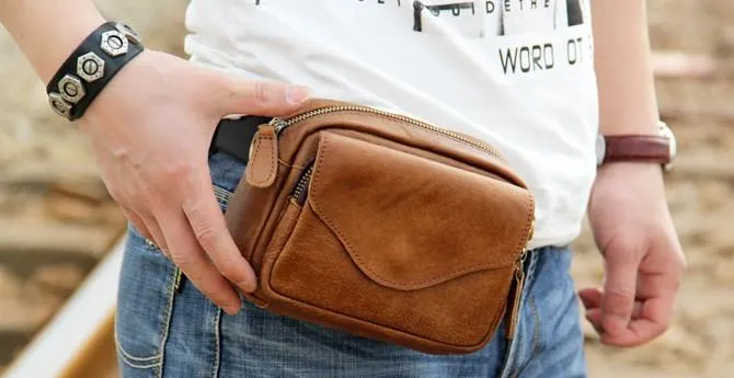 Leather Mens Belt Pouch Small Cases Waist Bags Belt Bag Shoulder Bag for Men