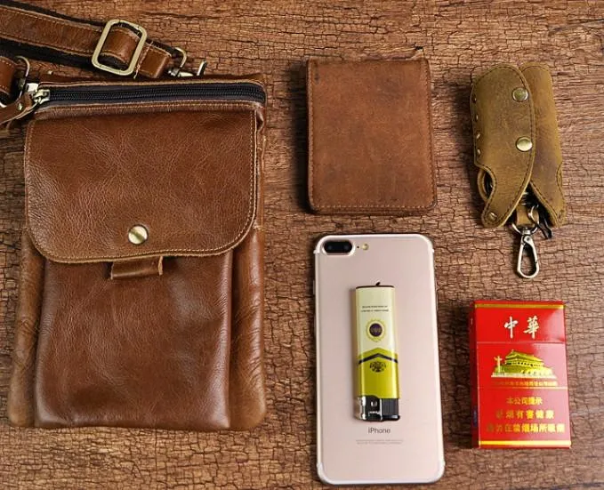 Leather Mens Small Side Bag COURIER BAG Waist Bag Holster Belt Case Belt Pouch for Men