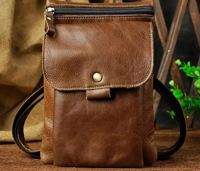 Leather Mens Small Side Bag COURIER BAG Waist Bag Holster Belt Case Belt Pouch for Men