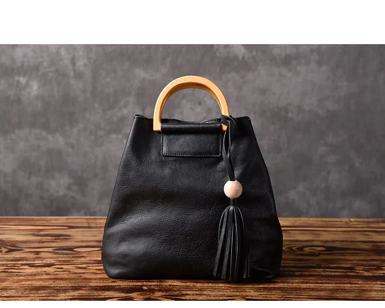 Leather Women Bucket Bag Handbag Shoulder Bag For Women with Tassels
