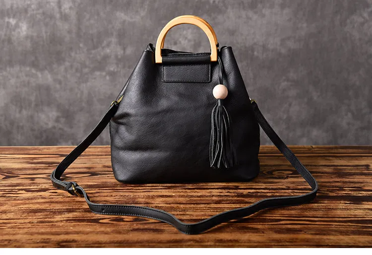 Leather Women Bucket Bag Handbag Shoulder Bag For Women with Tassels