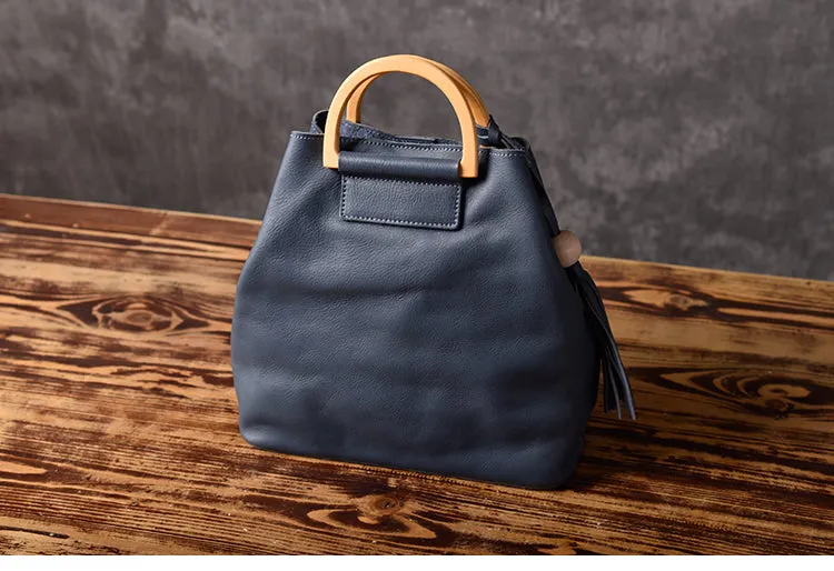 Leather Women Bucket Bag Handbag Shoulder Bag For Women with Tassels