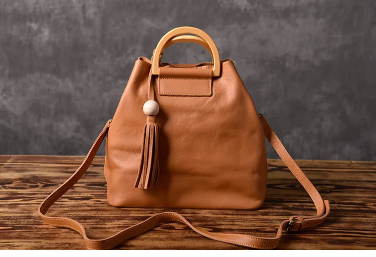 Leather Women Bucket Bag Handbag Shoulder Bag For Women with Tassels