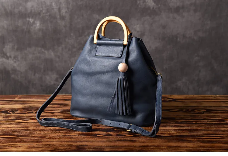 Leather Women Bucket Bag Handbag Shoulder Bag For Women with Tassels